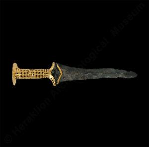 Bronze dagger with hilt covered with openwork gold foil from Malia, 1800-1700 BC.